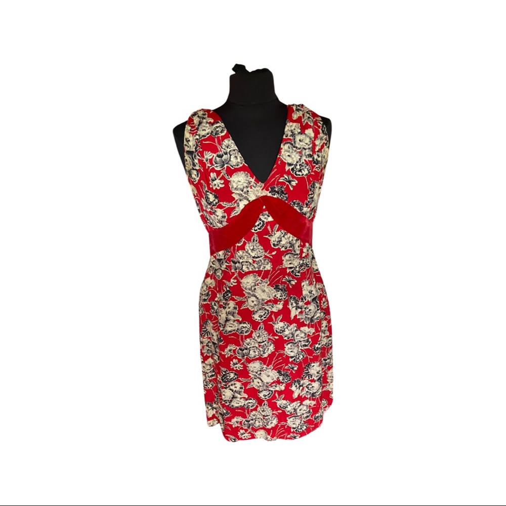 Vintage 60s red floral dress with velvet sash waist